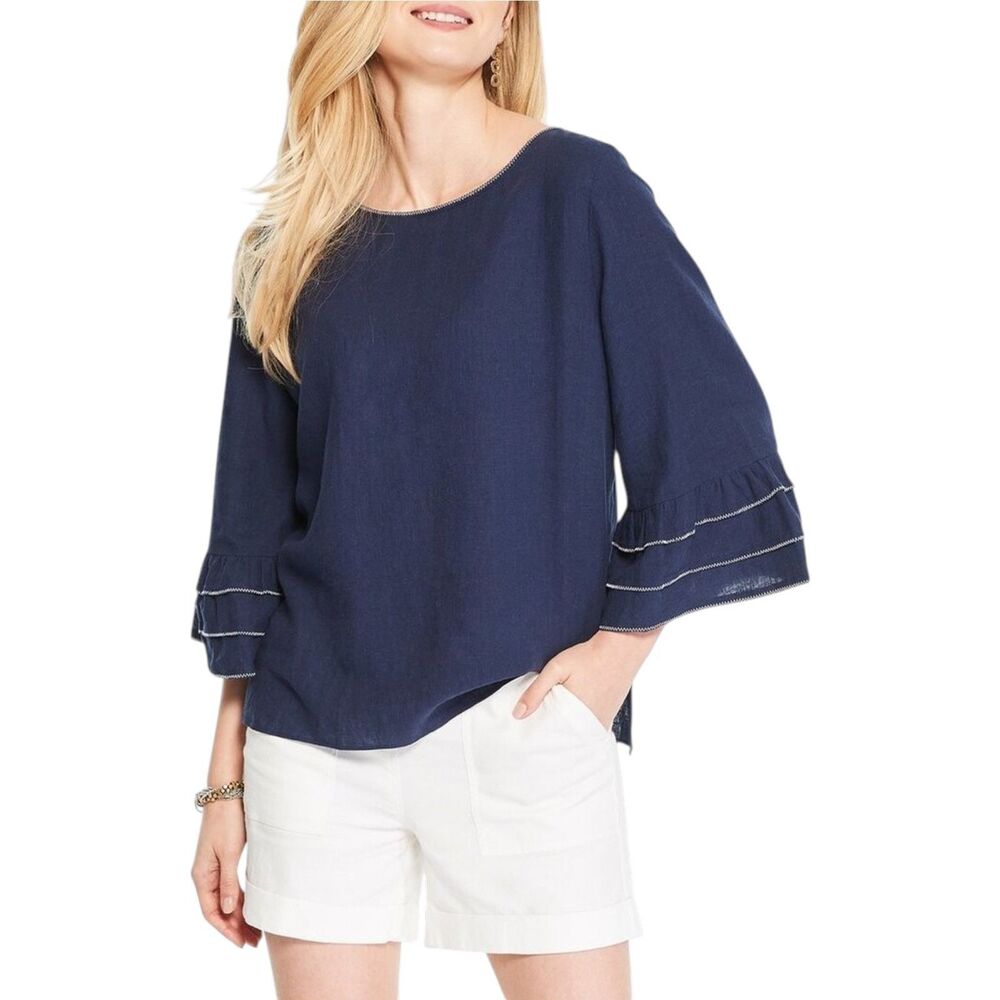 Nic+Zoe Linen Blend Bell Sleeve Blouse Navy Size XL